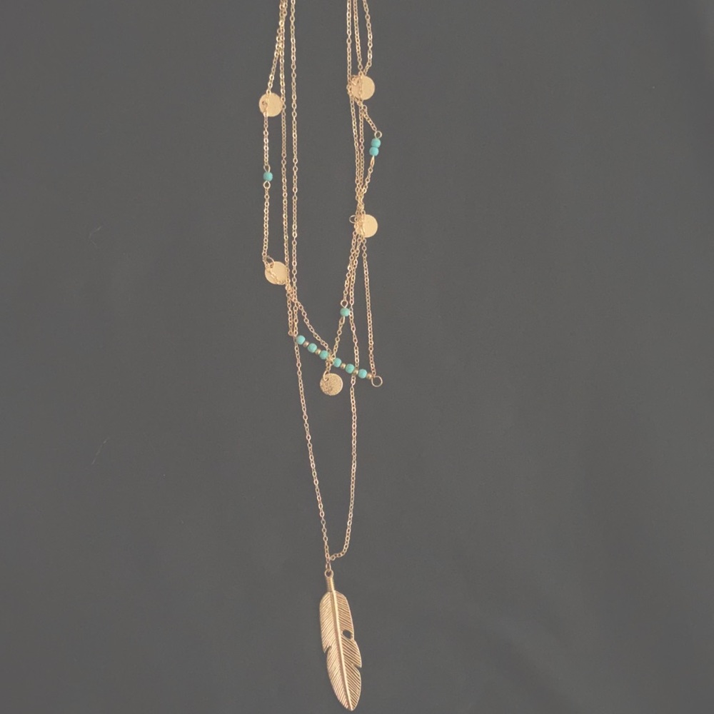 BOHO TURQUOISE GOLD FEATHER NECKLACE